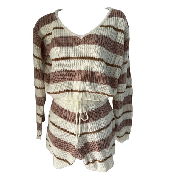 SHEIN Sweaters - Off White Striped Sweater & Shorts Two-Piece Set